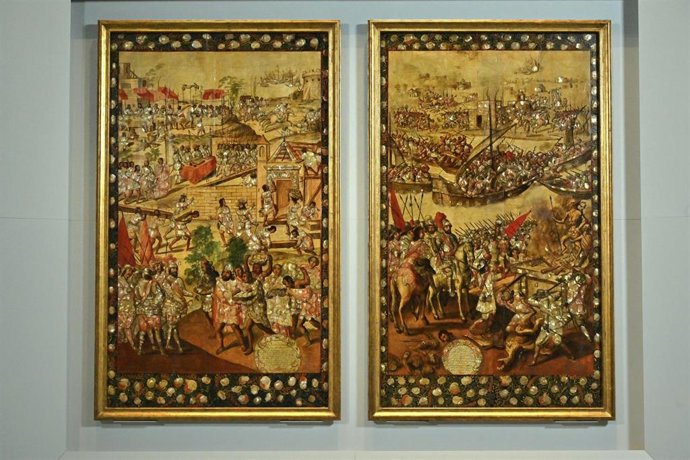 Se trata de dos óleos sobre tabla con incrustaciones de nácar, una técnica singular, fusión de tradiciones provenientes de cuatro continentes.