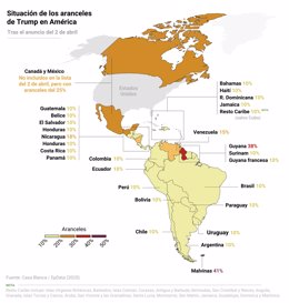 Mapa con la situación de los aranceles de Trump en América