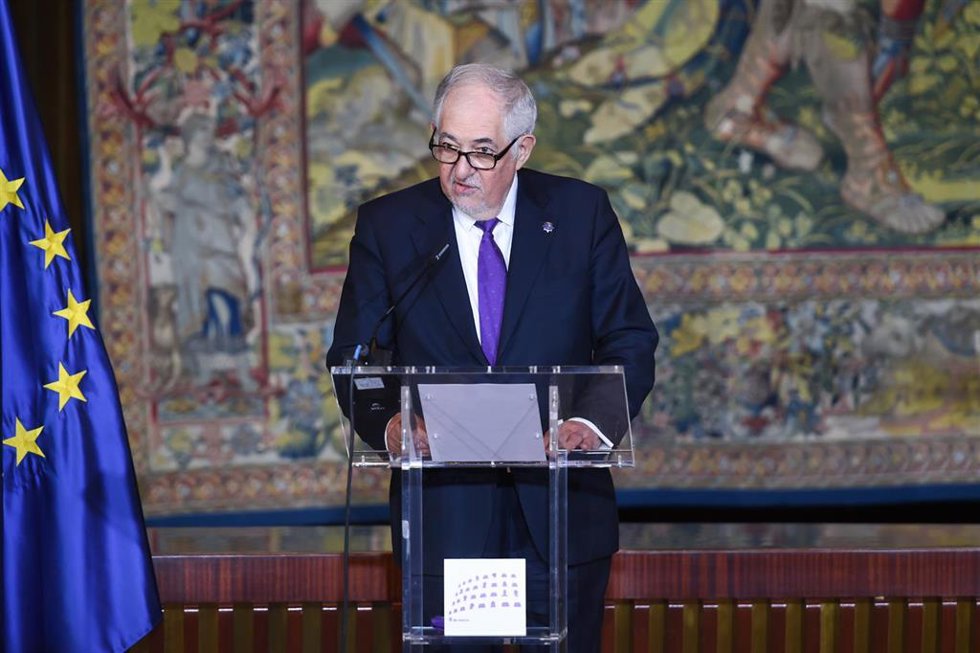 El presidente del Tribunal Constitucional, Cándido Conde-Pumpido, durante la celebración del Día de la Mujer en la sede del TC.