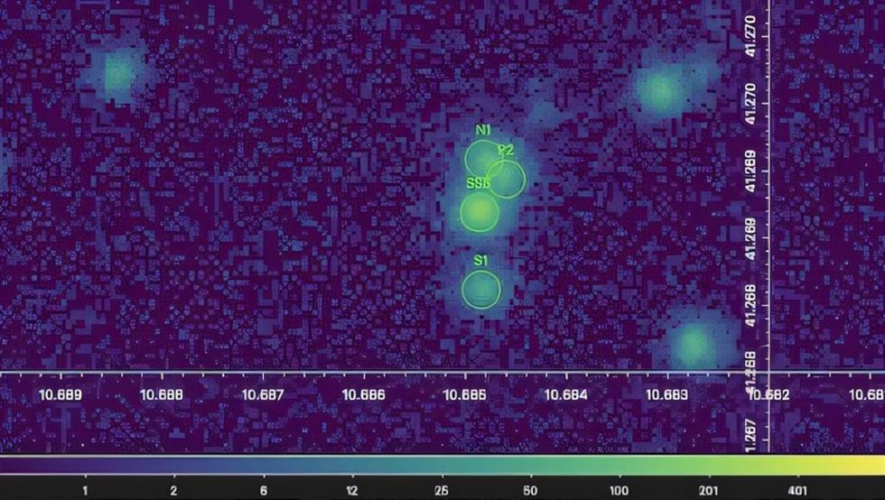 Datos de rayos X recopilados por el telescopio Chandra desde el centro de M31, que resaltan las cuatro fuentes nucleares: S1, SSS, N1 y P2. P2 corresponde a la posición del agujero negro supermasivo en el centro de la galaxia de Andrómeda.
