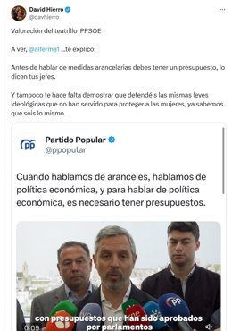 Mensaje en la red 'X' del portavoz del Grupo Parlamentario de Vox en las Cortes, David Hierro.
