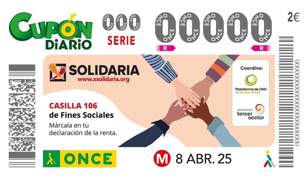 El cupón de la ONCE del 8 de abril promueve la 'X Solidaria' en la Declaración de la Renta