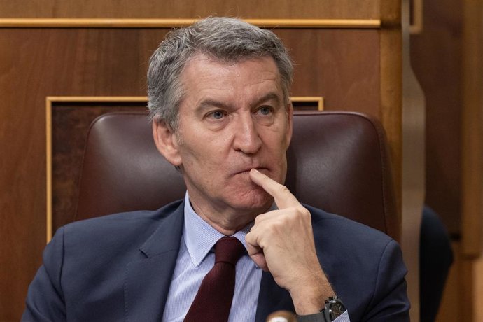 El presidente del PP, Alberto Núñez Feijóo, durante una sesión plenaria en el Congreso de los Diputados, a 26 de marzo de 2025, en Madrid (España).