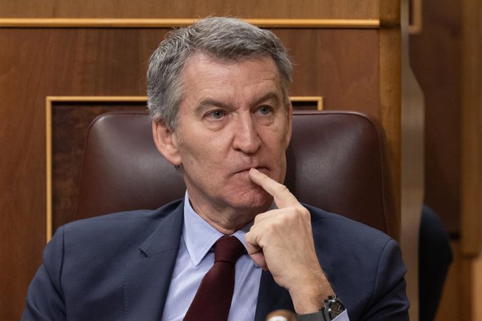 El presidente del PP, Alberto Núñez Feijóo, durante una sesión plenaria en el Congreso de los Diputados, a 26 de marzo de 2025, en Madrid (España). El presidente del Gobierno Pedro Sánchez comparece en el Congreso de los Diputados para defender la posició