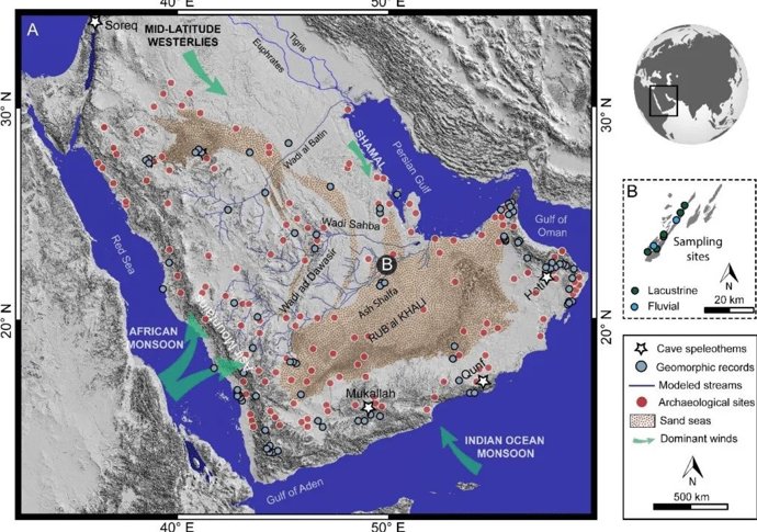 Localização de antigas áreas úmidas no deserto da Arábia