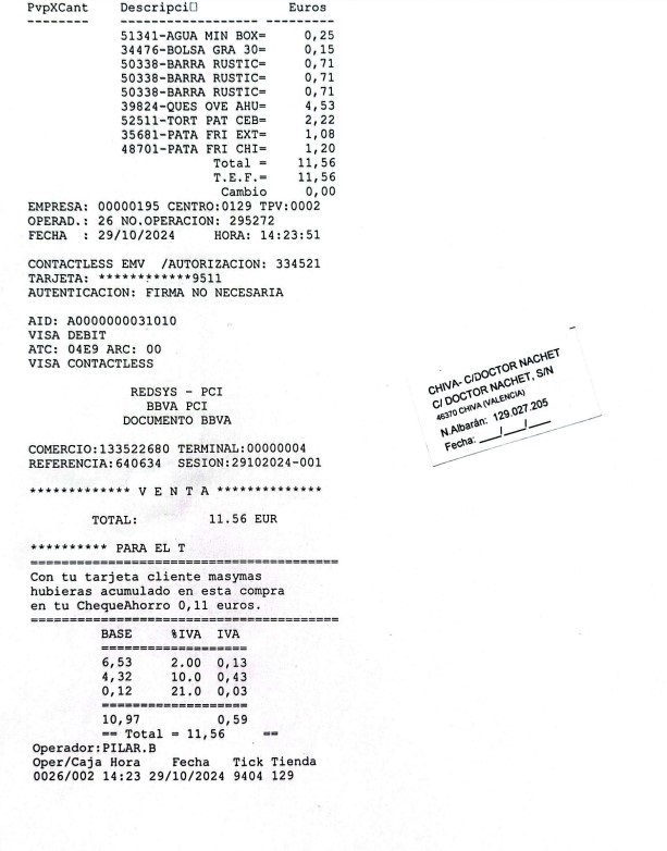 Ticket de compra de los bomberos desplazados al barranco del Poyo el 29 de octubre, día de la dana.