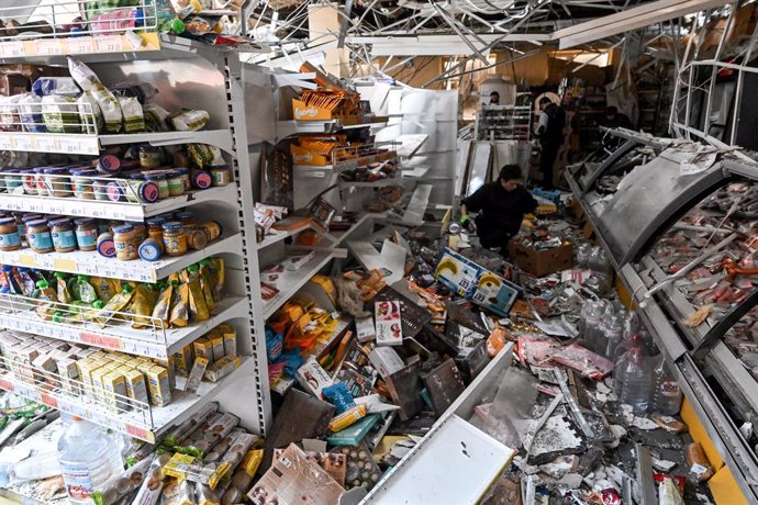 April 4, 2025, Zaporizhzhia Region, Ukraine: Products destroyed by a Russian drone attack in a store in the village of Kushuhum, Zaporizhzhia region, Ukraine, on April 4, 2025