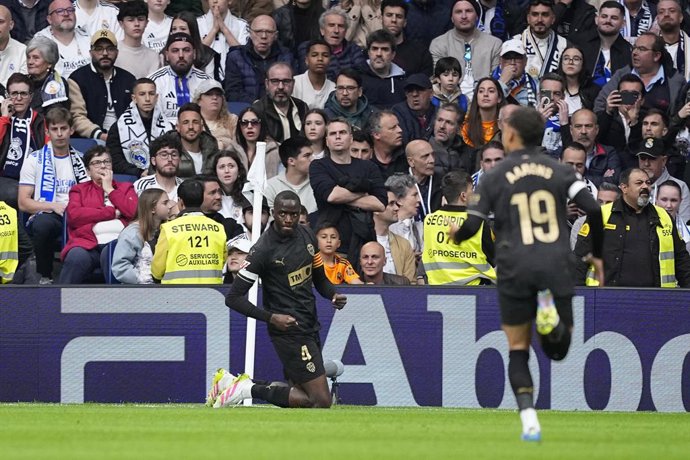 Mouctar Diakhaby of Valencia celebrates a goal during the Spanish League, LaLiga EA Sports, football match played between Real Madrid and Valencia CF at Santiago Bernabeu stadium on April 05, 2025, in Madrid, Spain.