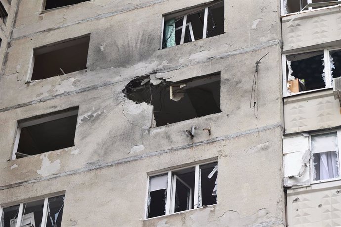 April 2, 2025, Kharkiv, Ukraine: The hole is in the wall of a 16-storey apartment block that was hit by a Russian drone in Kharkiv, Ukraine, on Wednesday afternoon, April 2, 2025.