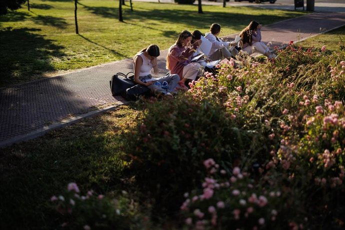 Archivo - Estudiantes repasan apuntes antes de iniciar los exámenes del primer día de la Evaluación de Acceso a la Universidad (EvAU),  en la Universidad Autónoma de Madrid, a 3 de junio de 2024, en Cantoblanco, Madrid (España). Cerca de 40.000 alumnos de