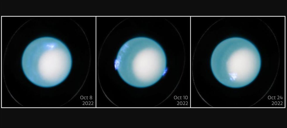 Esta imagen muestra tres imágenes del telescopio espacial Hubble de la NASA/ESA de la aurora dinámica en Urano en octubre de 2022.