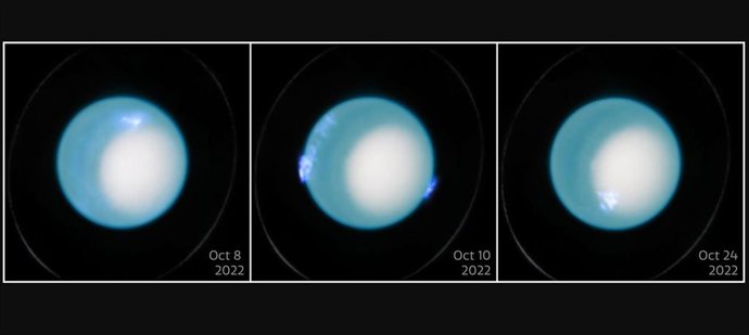 Esta imagem mostra três imagens do Telescópio Espacial Hubble da NASA/ESA da aurora dinâmica em Urano em outubro de 2022.