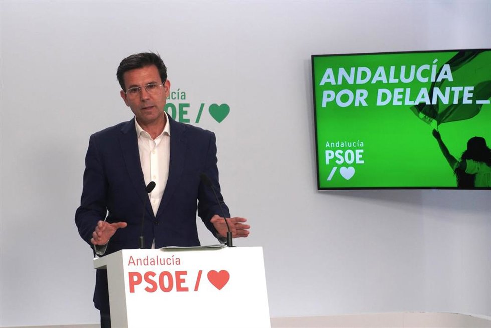 El portavoz del PSOE-A, Francisco Cuenca, en rueda de prensa en la sede del partido en Sevilla.
