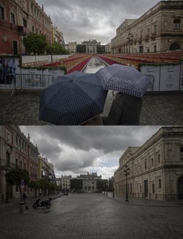 Archivo - Jueves Santo 2019, el entorno de la Plaza de San Francisco sólo se veían paraguas. Semana Santa 2020, el estado de alarma por el coronavirus COVID-19,  hace que la Plaza de San Francisco esté desértica. Sevilla a 5 de mayo 2020