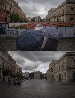 Archivo - Jueves Santo 2019, el entorno de la Plaza de San Francisco sólo se veían paraguas pues la lluvia impidió que saliera ninguna hermandad. Semana Santa 2020, el estado de alarma por el coronavirus COVID-19,  hace que la Plaza de San Francisco esté 