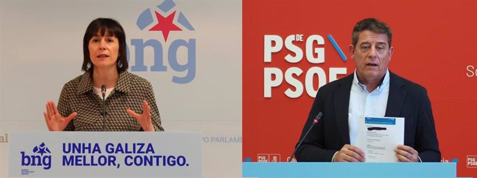 La portavoz nacional del BNG, Ana Pontón, y el secretario xeral del PSdeG, José Ramón Gómez Besteiro, en ruedas de prensa.