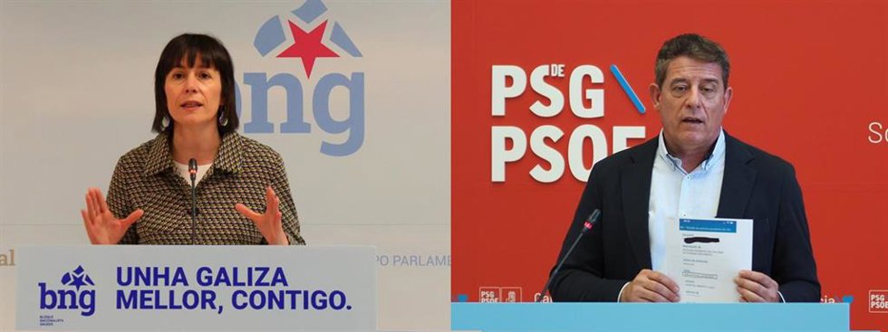 La portavoz nacional del BNG, Ana Pontón, y el secretario xeral del PSdeG, José Ramón Gómez Besteiro, en ruedas de prensa.