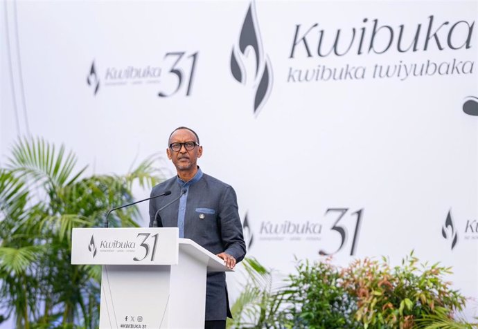 El presidente de Ruanda, Paul Kagame, durante un discurso por el 31º aniversario del genocidio de1994 en Ruanda