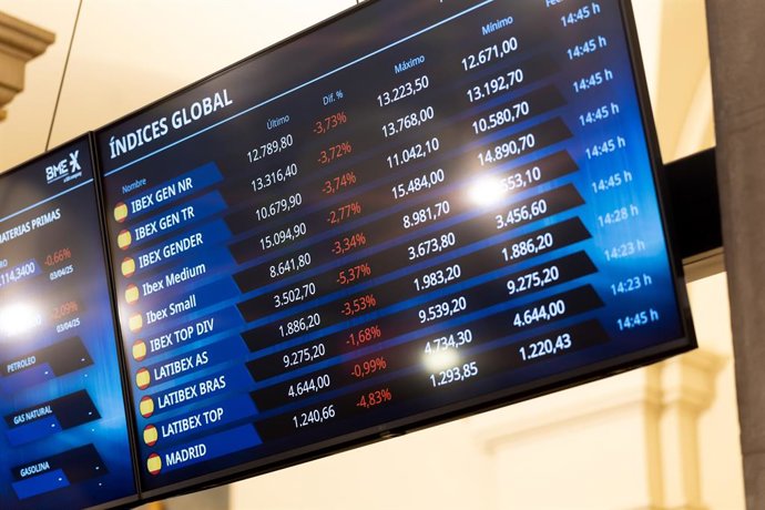 Un panell de l'IBEX 35 en el Palau de la Borsa de Madrid, a 4 d'abril del 2025, a Madrid (Espanya). 