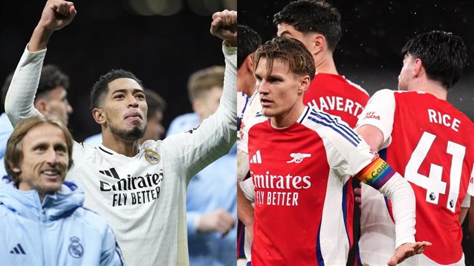 Los jugadores del Real Madrid Jude Bellingham y Luka Modric, y los del Arsenal Martin Odegaard y Ben White.