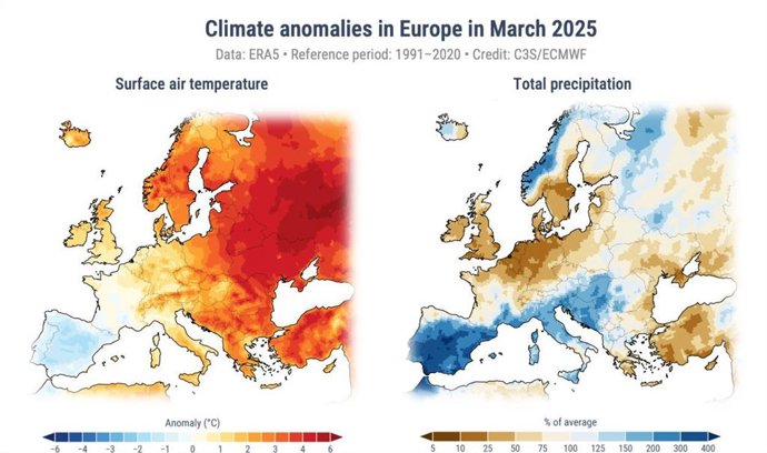 Anomalia de temperatura e precipitação para a Europa em março de 2025