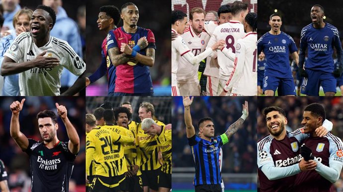 Los cuartosfinalistas de la Champions 2024-2025: Real Madrid, Arsenal, FC Barcelona, Borussia Dortmund, Bayern de Múnich, Inter de Milán, PSG y Aston Villa.