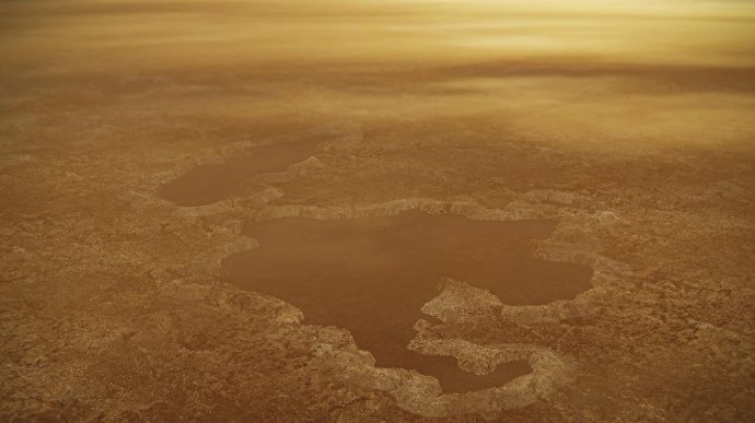Esta concepção artística de um lago no polo norte da lua de Saturno, Titã, ilustra bordas elevadas e características semelhantes a paredes, conforme visto pela sonda Cassini da NASA.