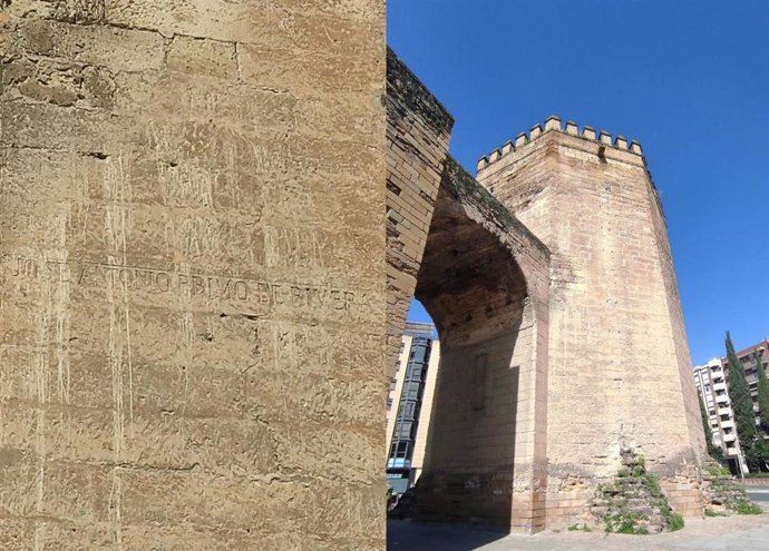 Detalle de la inscripción dedicada a José Antonio Primo de Rivera en la Torre de la Malmuerta y vista general de la misma.