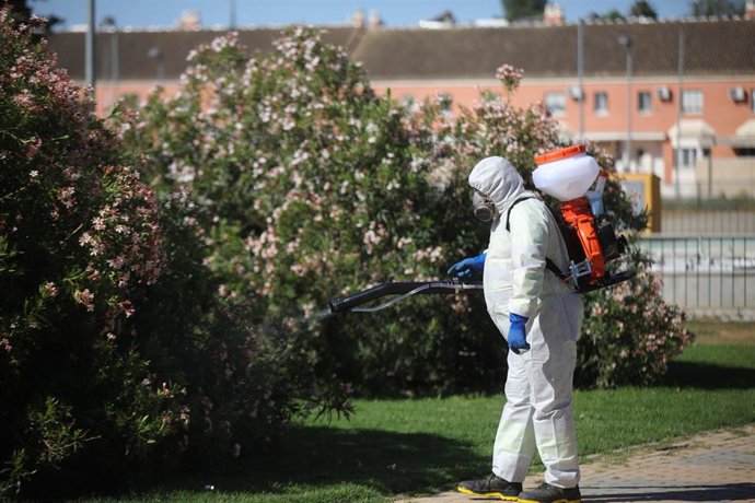 Archivo - Un operario  inician  las labores de fumigación y el tratamiento de imbornales contra el mosquito para prevenir el Virus del Nilo a 11 de mayo del 2021. En el Parque Municipal Adolfo Cantalejo Suárez de Coria del Río (Sevilla). Andalucía.