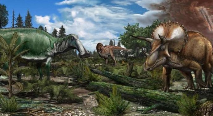 Reconstrução de um paleoambiente do final do Maastrichtian (cerca de 66 milhões de anos atrás) na América do Norte, onde uma planície de inundação é habitada por dinossauros como o Tyrannosaurus rex, Edmontosaurus annectens e Triceratops prorsus.