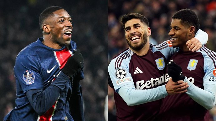El jugador del PSG Ousmane Dembélé y los jugadores del Aston Villa Marco Asensio y Marcus Rashford.
