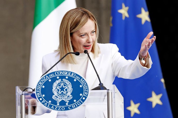 Primeira-ministra Giorgia Meloni no Palazzo Chigi durante a cerimônia de entrega do prêmio Master of the Art of Italian Cuisine, Roma, quarta-feira, 02 de abril de 2025 (Foto Roberto Monaldo / LaPresse) ... Primeira-ministra Giorgia Meloni no Palazzo Chig