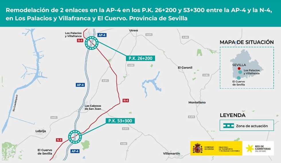 Archivo - Detalle de la actuación de remodelación de los enlaces de la AP-4 con Los Palacios y El Cuervo.