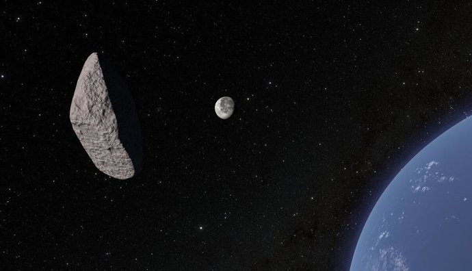 Esta es una imagen fija de una animación que muestra al asteroide 2024 YR4 mientras pasa por la Tierra en dirección a su posible impacto con la Luna.