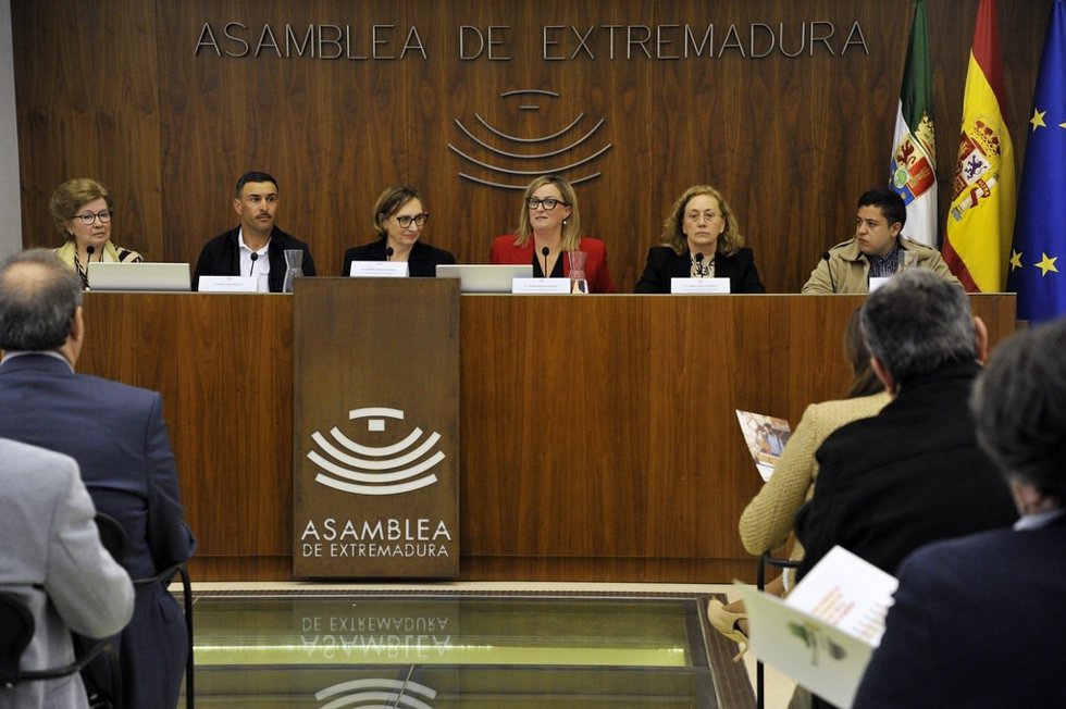 Autoridades en la presentación en la Asamblea de Extremadura de la campaña de la 'X Solidaria' en la declaración de la renta del ejercicio 2024
