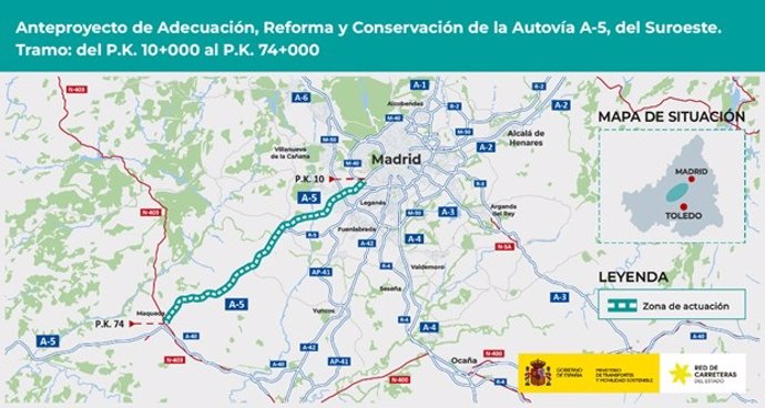 Transportes aprueba definitivamente el anteproyecto para la mejora de la A-5 entre Madrid y Maqueda por 448 millones de euros.