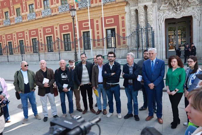 Los activistas ambientales atienden a los medios de comunicación ante el Palacio de San Telmo