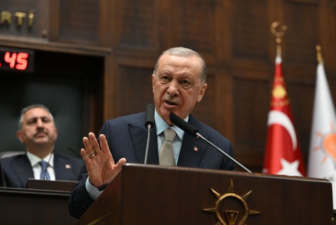 March 26, 2025, Ankara, Turkiye: Turkish President Recep Tayyip Erdogan speaks at his ruling Justice and Development Party's (AKP) parliamentary group meeting, in Ankara, on March 26, 2025.