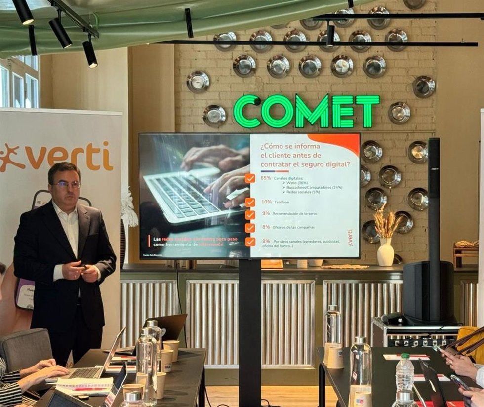 El consejero delegado de Verti, y director del negocio digital de Mapfre, Juan Pablo Galán en la presentación de Observatorio del Seguro Digital en España, a 9 de abril de 2025 en Madrid.