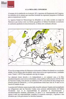 Sumar pregunta al Gobierno por qué AEMET ha publicado un mapa incluyendo el Sáhara Occidental en Marruecos.