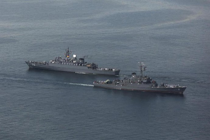 March 12, 2025, Gulf Of Oman, Indian Ocean, Iran: Navy ships engage in military exercises during joint drills conducted by Iran, Russia, and China in the Gulf of Oman. The three countries will be participating in a three-day naval exercise in the Gulf of 