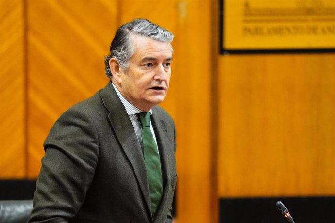 El consejero de Presidencia, Interior, Diálogo Social y Simplificación Administrativa, Antonio Sanz, en el Parlamento andaluz.