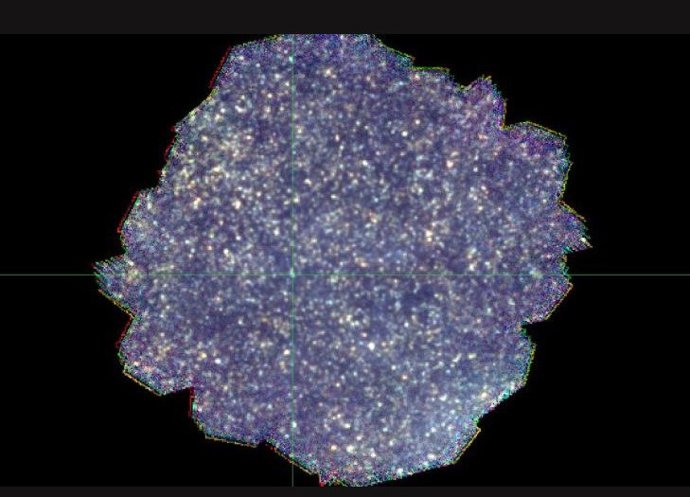 Las manchas en la imagen son galaxias individuales o grupos de galaxias. Sin embargo, la imagen está tan saturada que casi no hay espacio vacío, y las galaxias más tenues se funden con la luz de fondo del mapa.