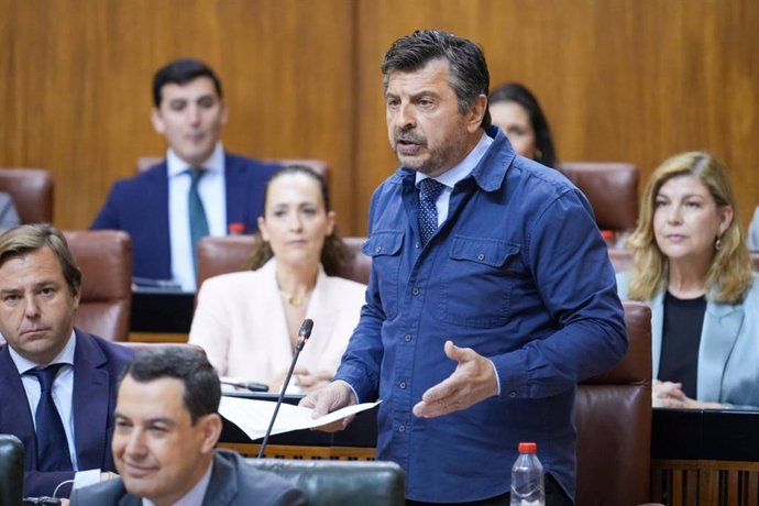 El portavoz del Grupo Popular, Toni Martín,en el Pleno del Parlamento en su pregunta al presidente de la Junta de Andalucía, Juanma Moreno.