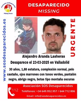Cartel difundido en su momento para localizar al profesor, finalmente hallado este jueves sin vida en el río Pisuerga.