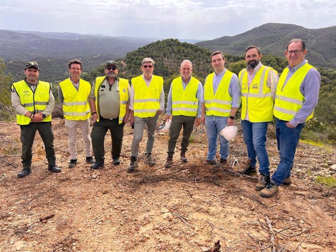 Rafael Martínez (4º dcha.) en uno de los montes públicos de Hornachuelos donde se hacen tratamientos selvícolas preventivos.