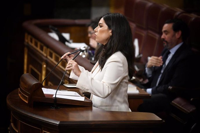 La portavoz de VOX, Pepa Millán, durante su intervención en una sesión plenaria en el Congreso de los Diputados, a 10 de abril de 2025, en Madrid (España).