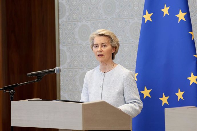 HANDOUT - 04 April 2025, Uzbekistan, Samarkand: President of the European Commission Ursula von der Leyen gives a joint statement with President of the European Council Antonio Costa during the first summit between the leaders of the EU and the five count