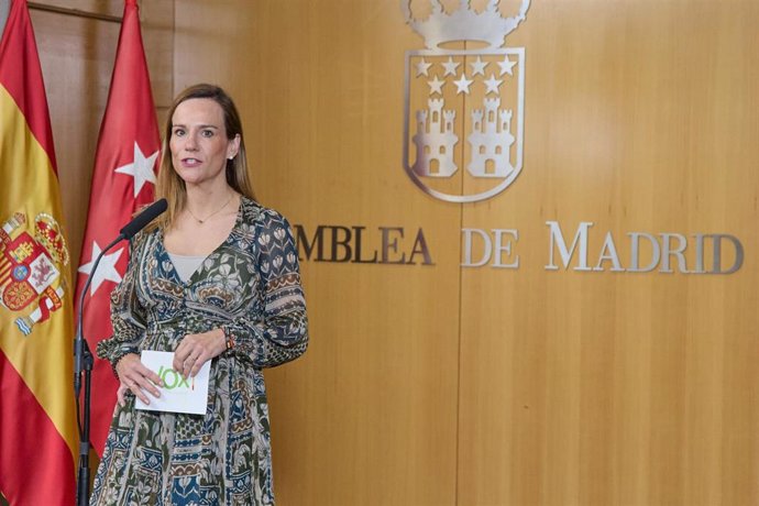 Archivo - La portavoz de VOX en la Asamblea de Madrid, Isabel Pérez Moñino-Aranda, ofrece declaraciones a los medios de comunicación durante un pleno en la Asamblea de Madrid, a 14 de noviembre de 2024, en Madrid (España). El silencio de la mujer del pres