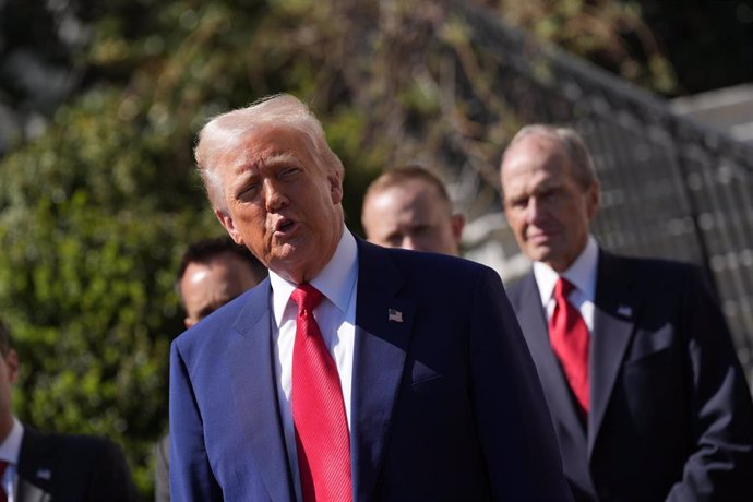 April 9, 2025, Washington, District Of Columbia, USA: United States President Donald J Trump participates in a Photo Opportunity with Racing Champions on the South Lawn of the White House in Washington, DC on Wednesday, April 9, 2025. 